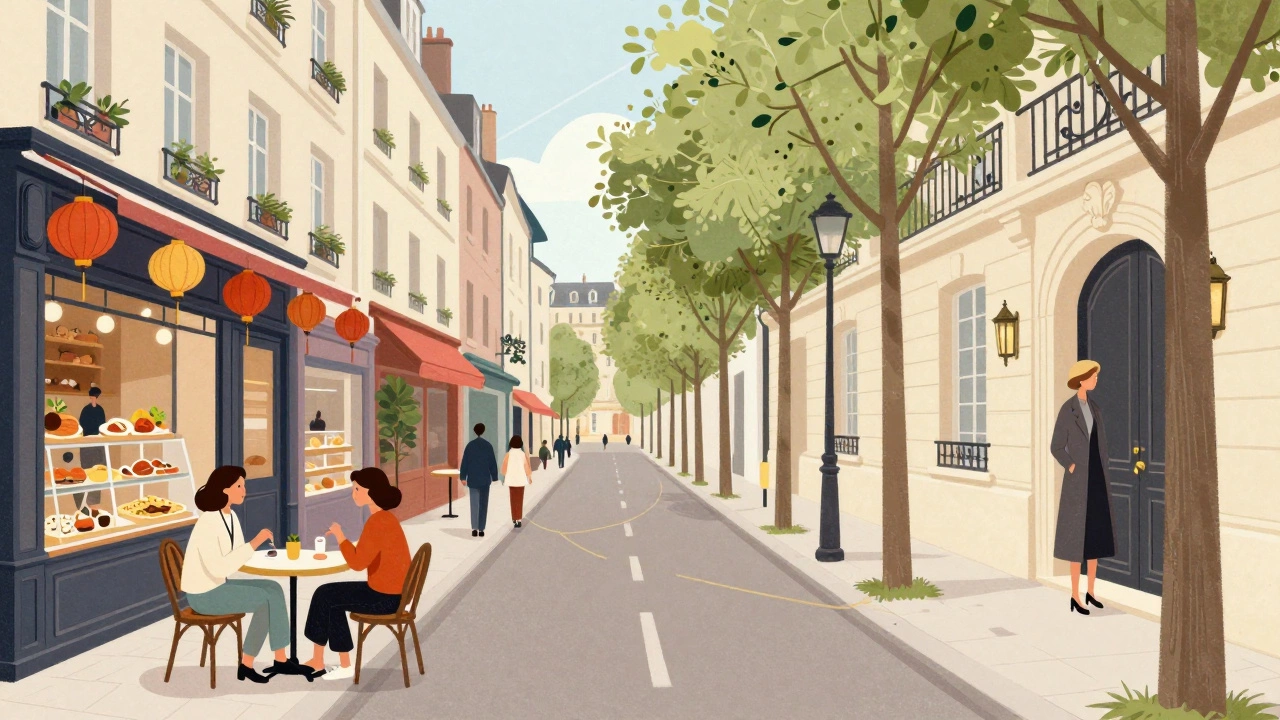 Contrasting scenes of Paris’s 13th and 16th arrondissements: vibrant multicultural street versus elegant quiet avenue.