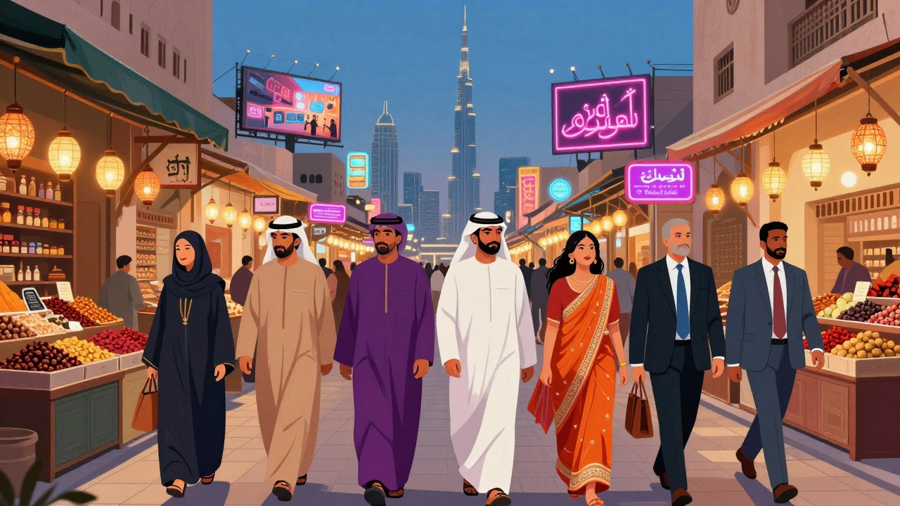 Diverse crowd walking through a vibrant Dubai souk with traditional and modern attire.
