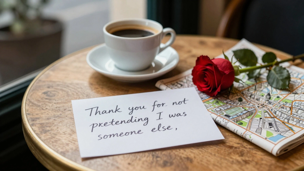 Handwritten note and rose on a café table in Paris with a folded map and empty coffee cup.