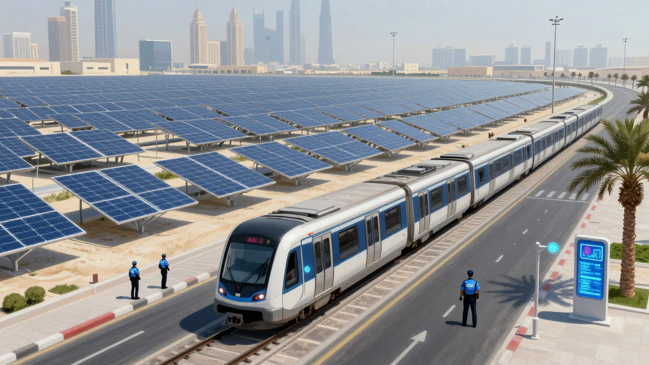 Solar park and futuristic metro in Dubai with holographic officers and clean streets.